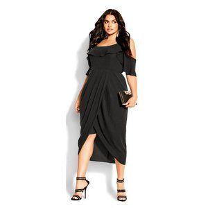 Like New - City Chic Very pretty & Flattering Black Ruffle Neck Midi Dress - 14